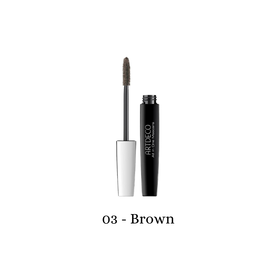ARTDECO All In One Mascara in brown, showcasing a tube with a brush applicator for volumizing and lengthening eyelashes.