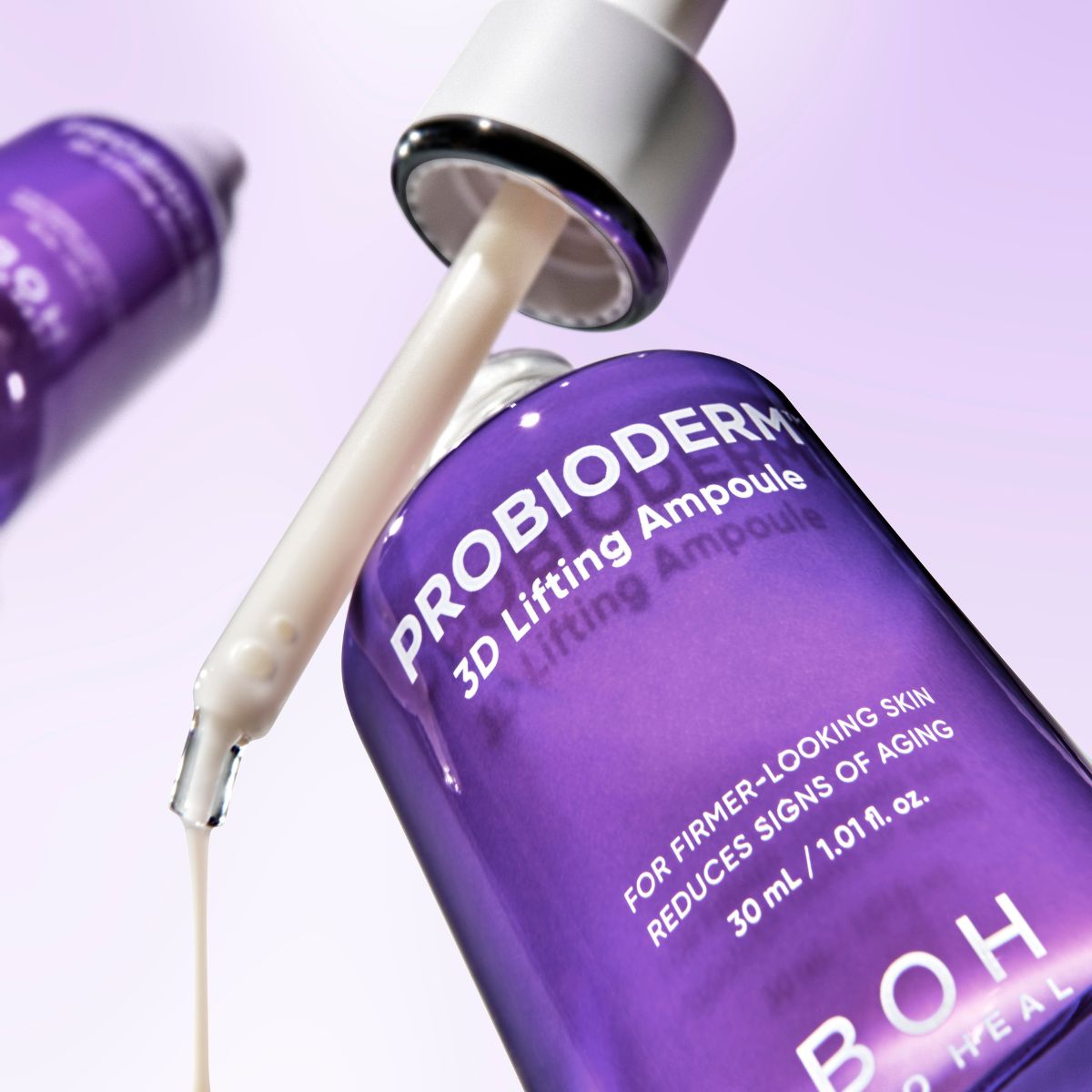 Bioheal BOH Probioderm 3D Lifting Ampoule 30ml bottle with dropper, showcasing the skincare product in a clear glass container.