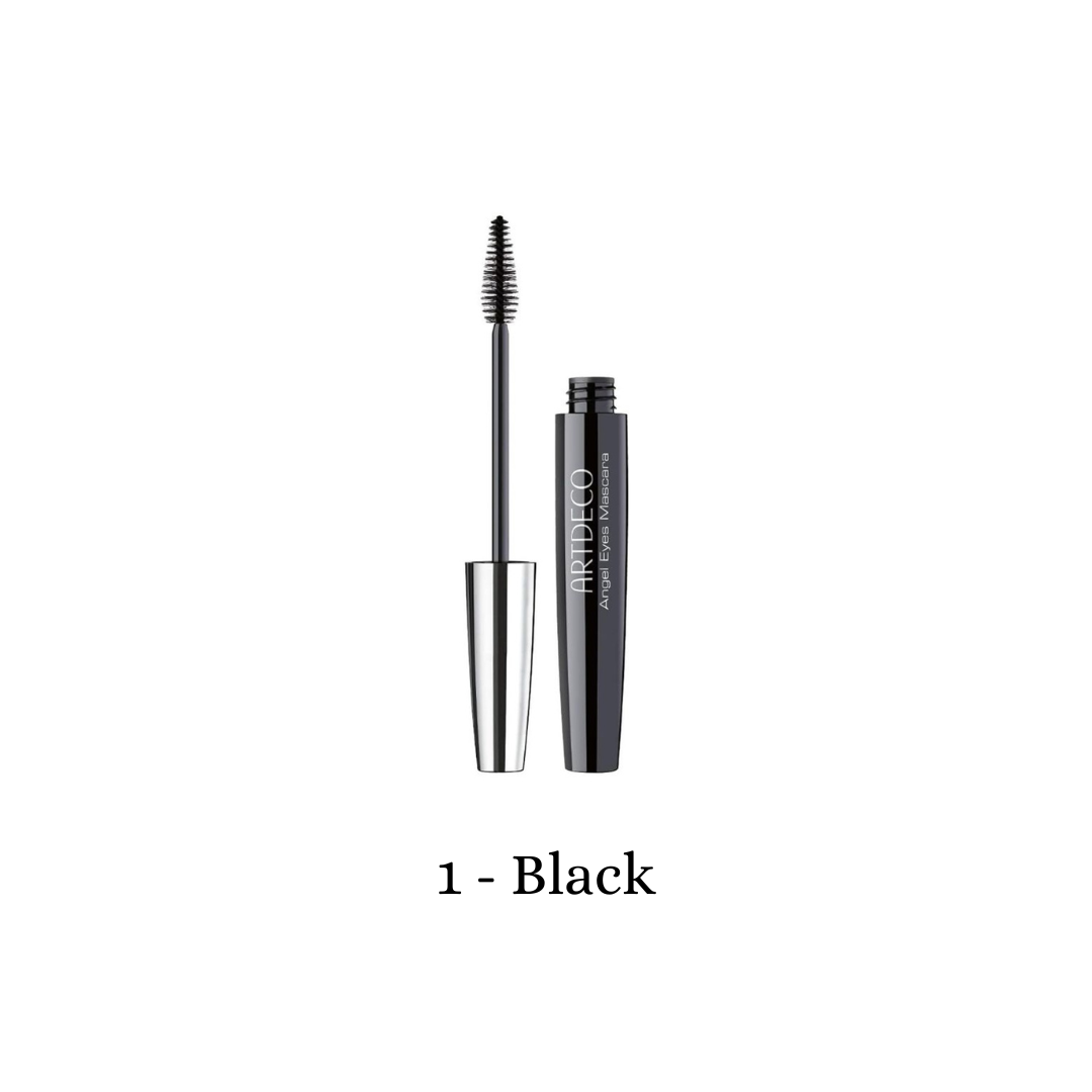 ARTDECO Angel Eyes Mascara in black showing its sleek tube and applicator brush for volumizing and lengthening eyelashes.