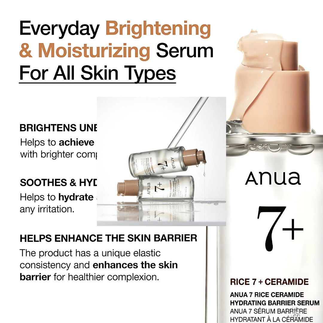 Anua 7 Rice Ceramide Hydrating Barrier Serum 50ml bottle with a pump dispenser and clear label, placed on a white background.