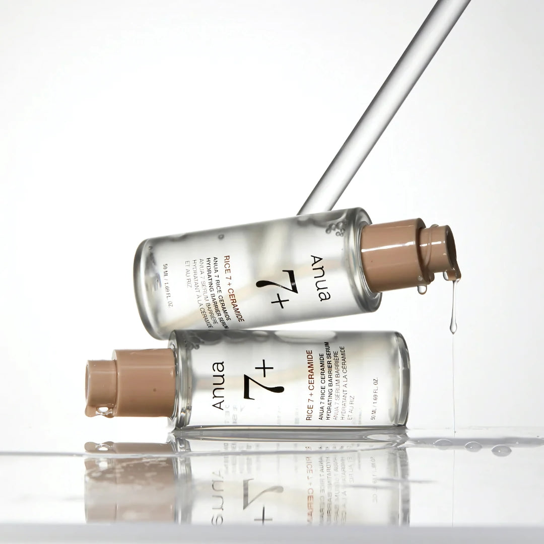Anua 7 Rice Ceramide Hydrating Barrier Serum 50ml bottle, clear glass container with white pump and label, on a white background.