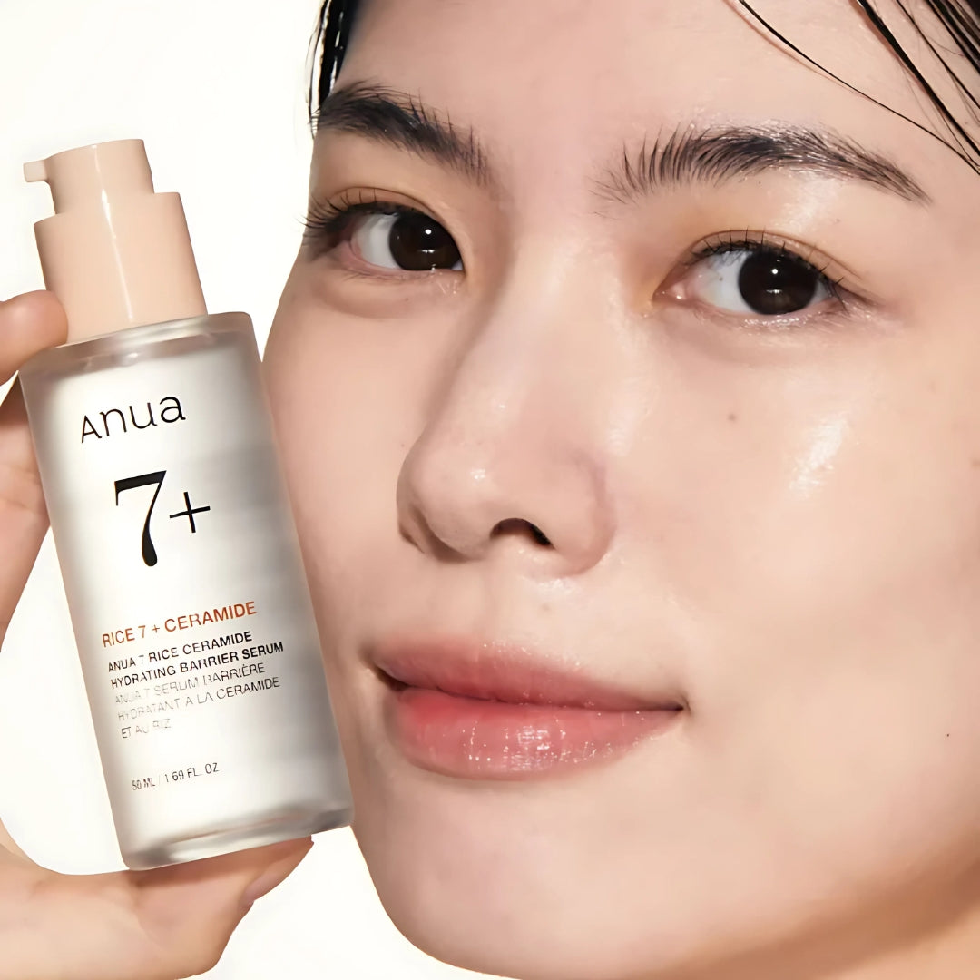 Anua 7 Rice Ceramide Hydrating Barrier Serum bottle, 50ml, with a sleek design and clear label on the front.