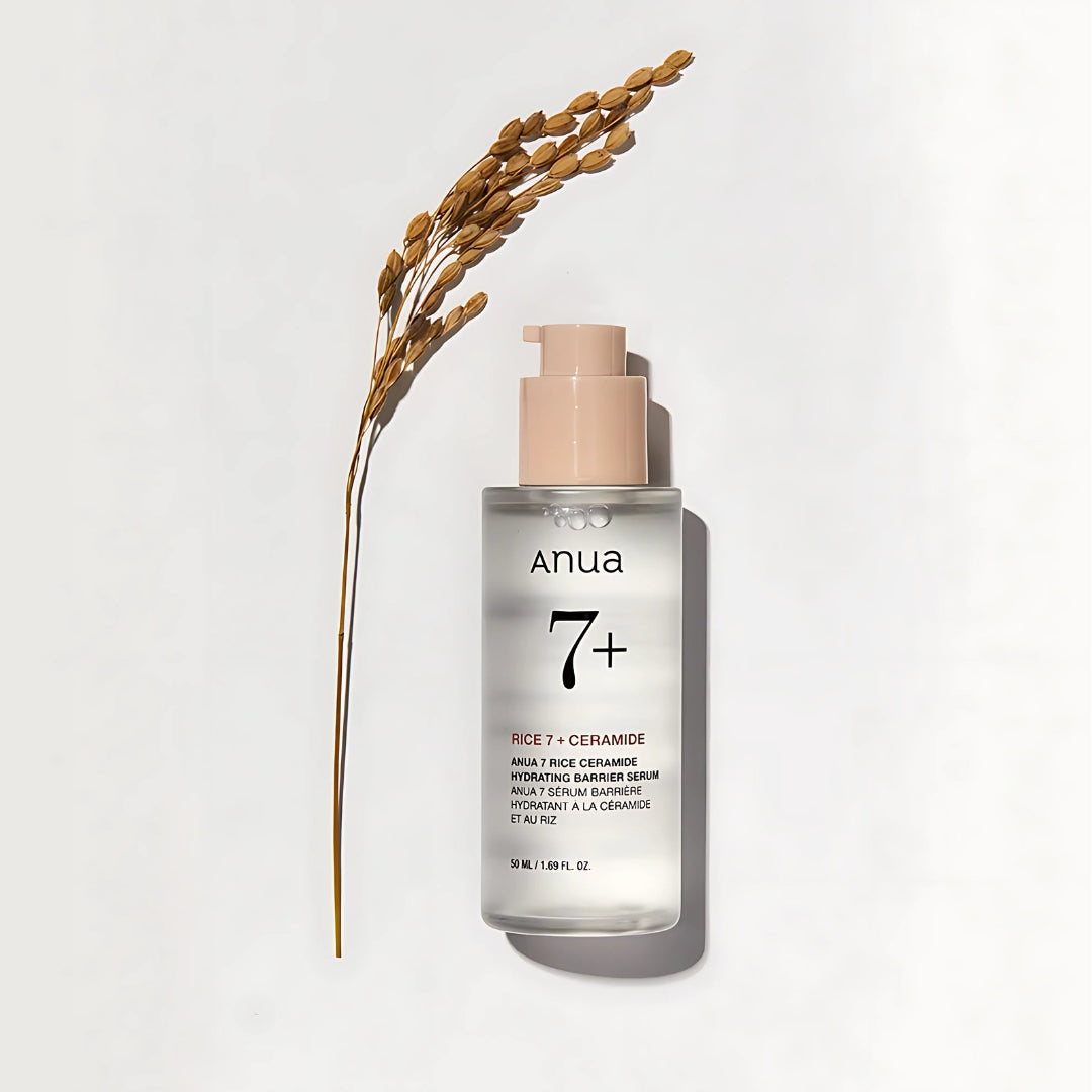 Anua 7 Rice Ceramide Hydrating Barrier Serum in a 50ml bottle, showcasing the serum's sleek packaging and clear liquid inside.