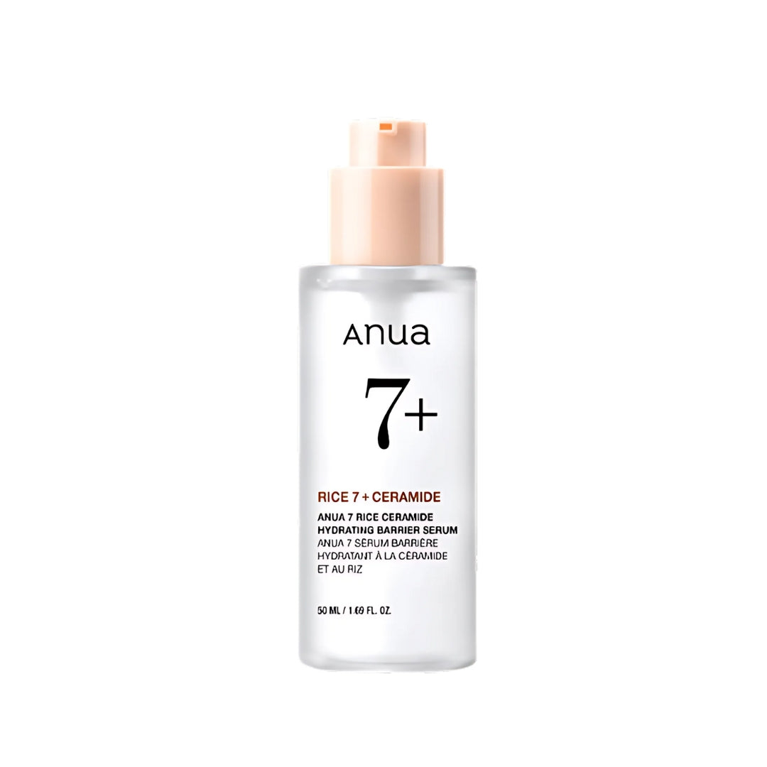 Bottle of Anua 7 Rice Ceramide Hydrating Barrier Serum in 50ml size, featuring clear packaging and a pump dispenser.