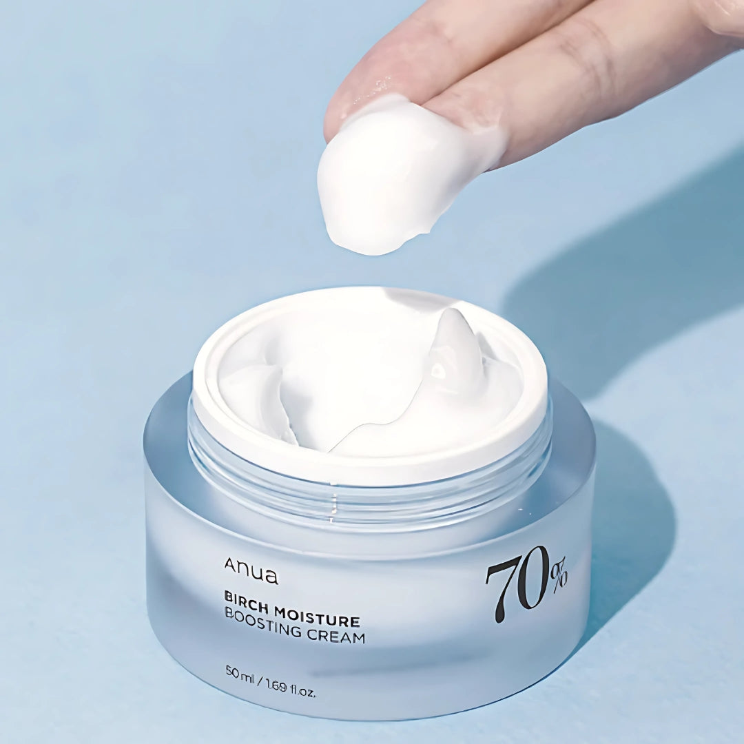 Anua Birch 70 Moisture Boosting Cream 50ml jar, a nourishing face moisturizer with natural ingredients and smooth texture.