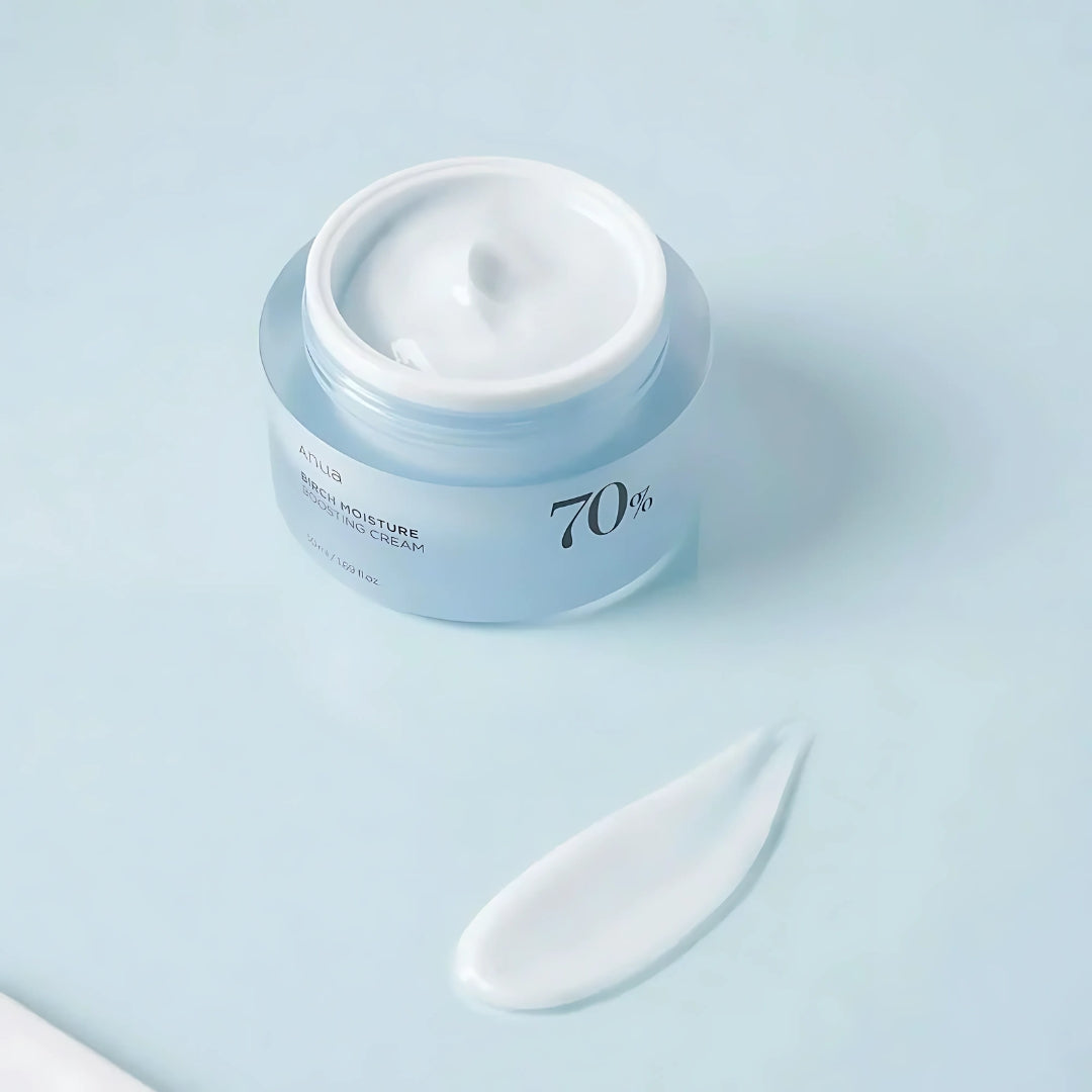 Anua Birch 70 Moisture Boosting Cream in a 50ml jar, a nourishing face moisturizer with a smooth, creamy texture.