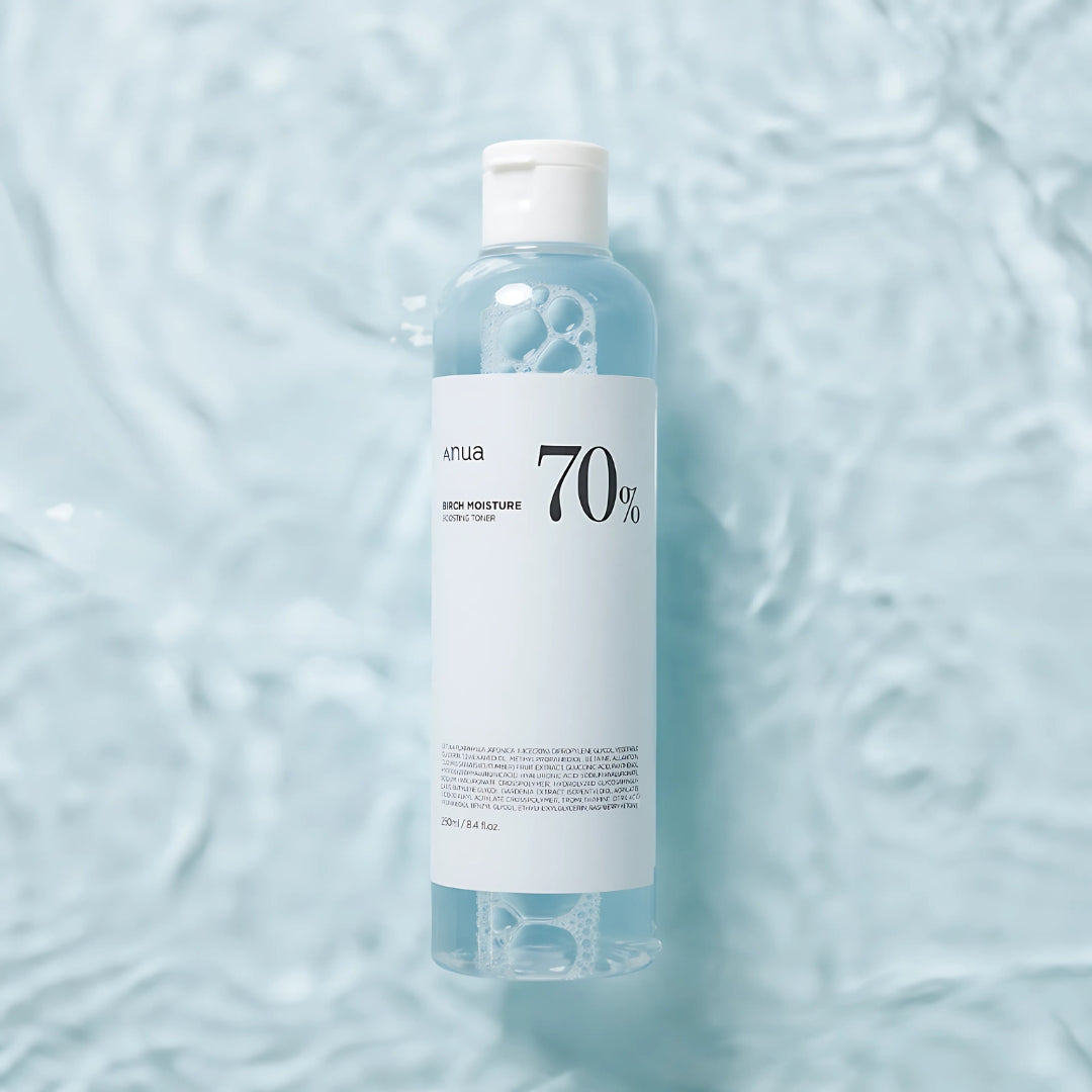 Anua Birch 70 Moisture Boosting Toner in a 250ml bottle, featuring clear liquid and minimalist branding on the label.