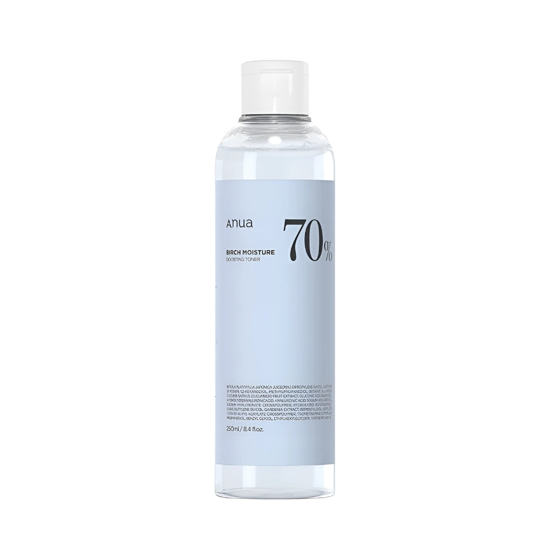 Anua Birch 70 Moisture Boosting Toner bottle, 250ml, with clear label and minimalist design for hydration and skin refreshment