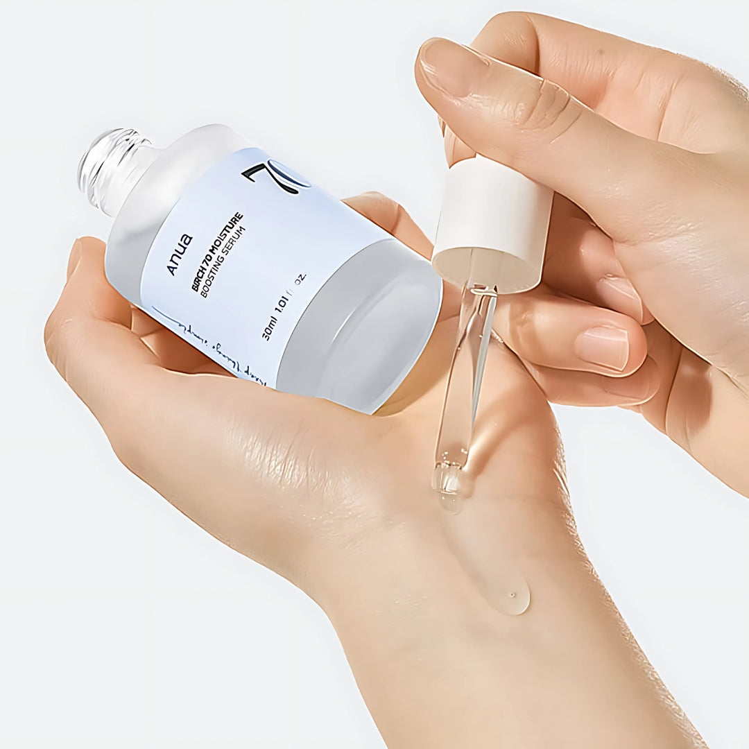 Anua Birch Moisture Boosting Serum 30ml bottle with a sleek design, showcasing the hydrating skincare product.