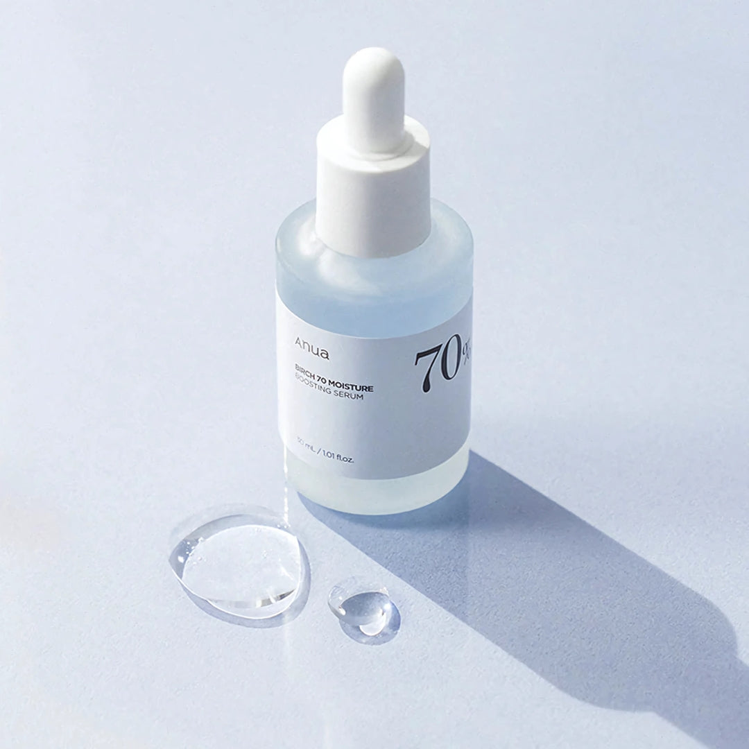 Anua Birch Moisture Boosting Serum in a 30ml bottle, with clear packaging and a dropper applicator, designed for hydrating skin.