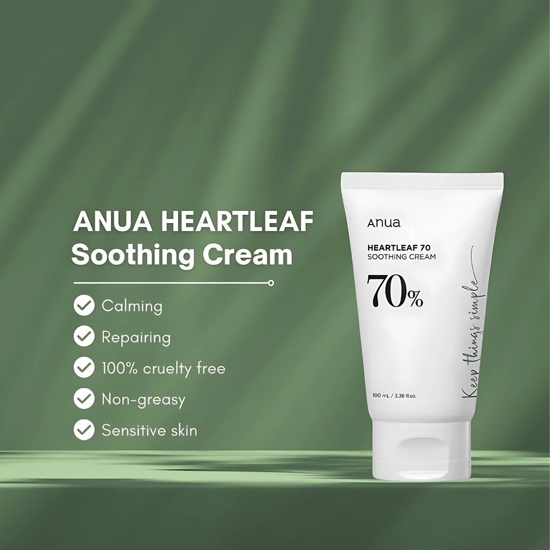 Anua Heartleaf 70% Soothing Cream face moisturizer jar with white lid and green label, 100ml size.