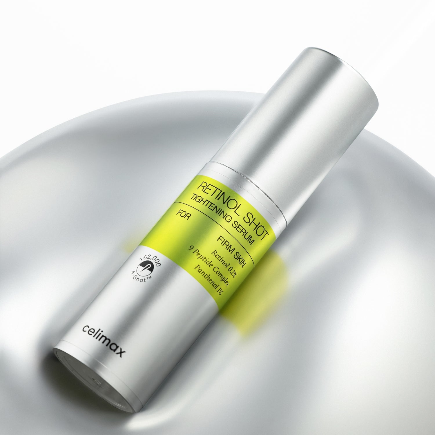 Celimax Vita-a Retinol Shot Serum 30ml being applied to face and throat for skin tightening and rejuvenation.