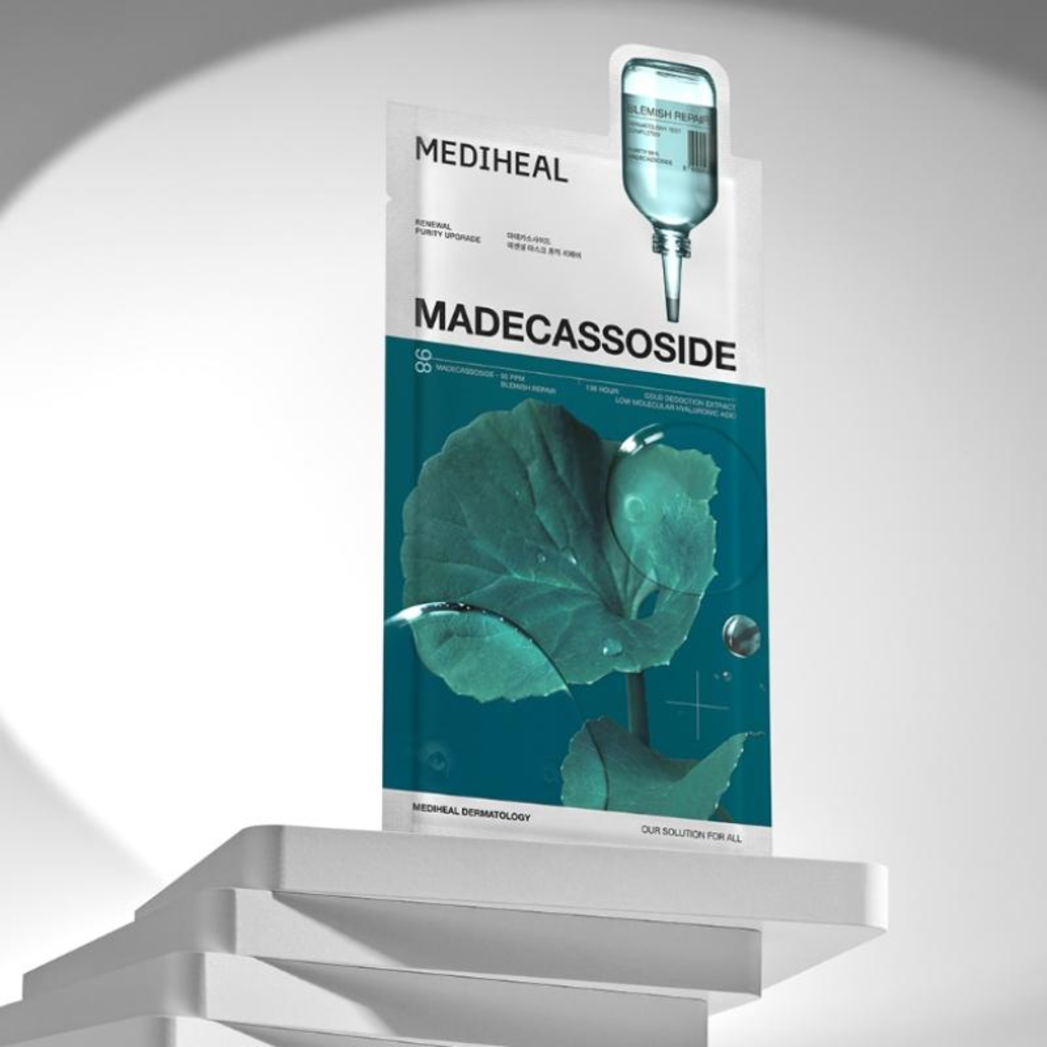 Mediheal Madecassoside Essential Sheet Mask applied on face and throat, ready for skincare with soothing ingredients.