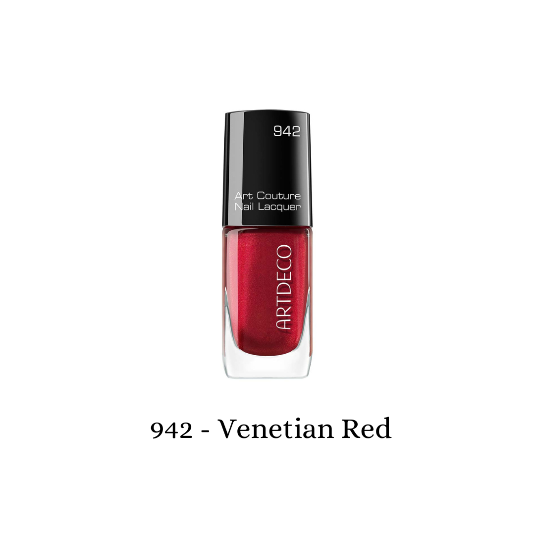 Artdeco Art Couture Nail Lacquer in Pearl Venetian Red, showcasing vibrant red nails with a glossy finish.