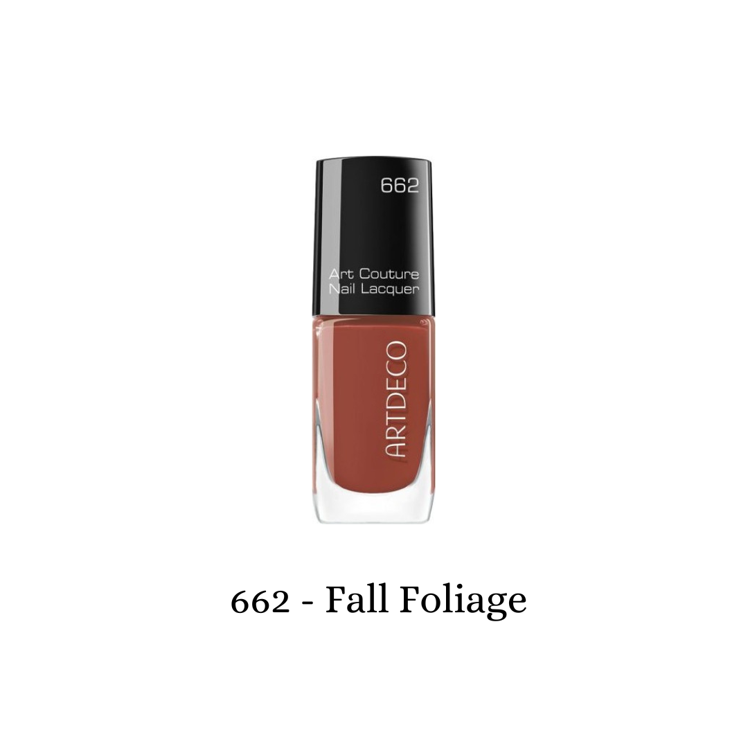 ARTDECO Art Couture Nail Lacquer in Fall Foliage with vibrant, glossy nail polish on neatly shaped nails.