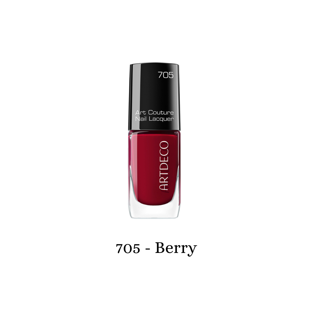 Art Couture Nail Lacquer in berry shade by ARTDECO, showing a close-up of the glossy nail polish bottle and vibrant color.