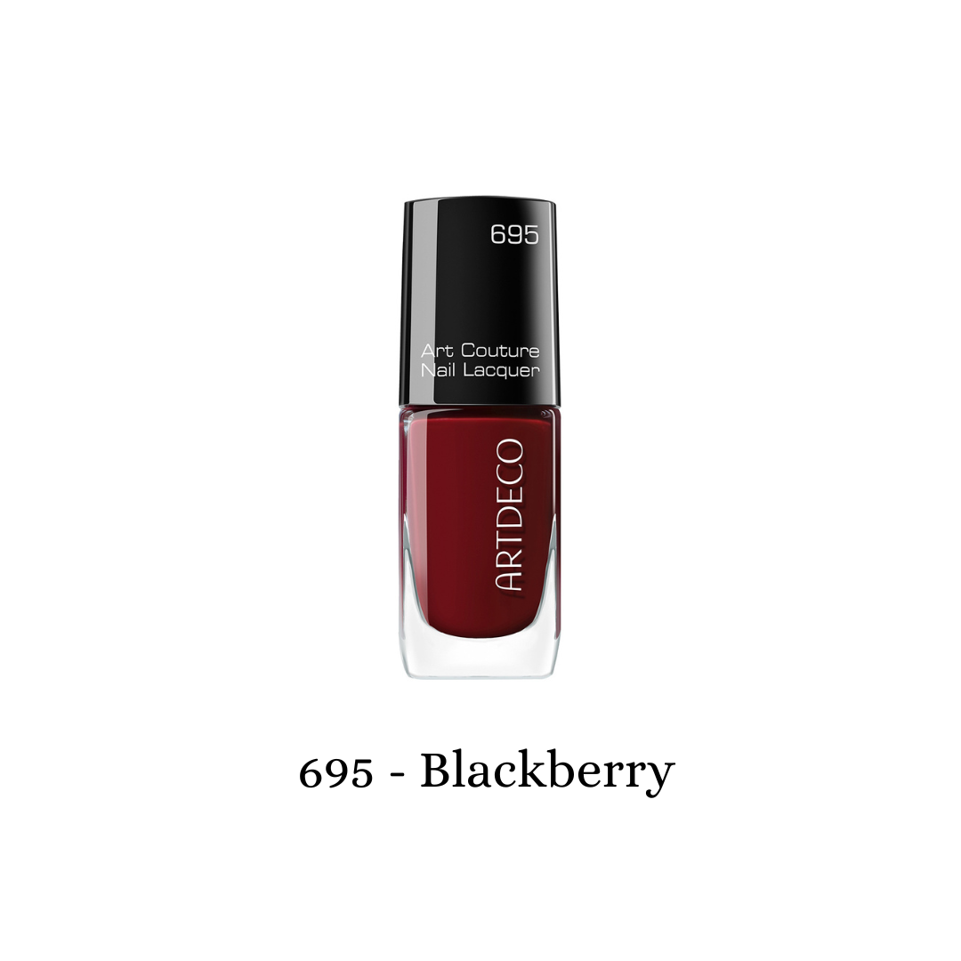 ARTDECO Art Couture Nail Lacquer in deep blackberry shade, showcasing glossy, smooth nails with vibrant dark purple polish.