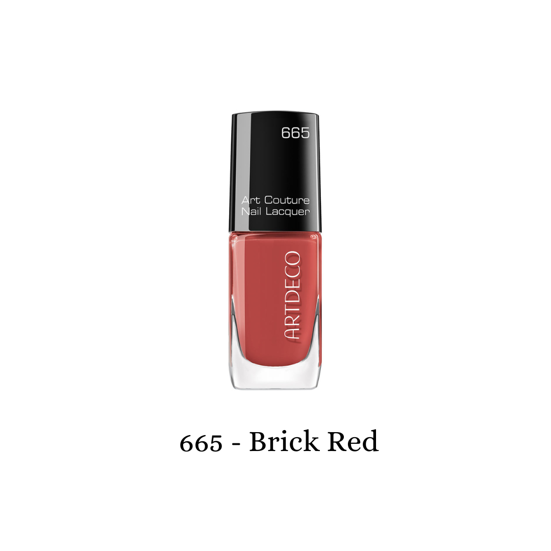 ARTDECO Art Couture Nail Lacquer in brick red color, showcasing a glossy, vibrant nail polish bottle with a sleek design.