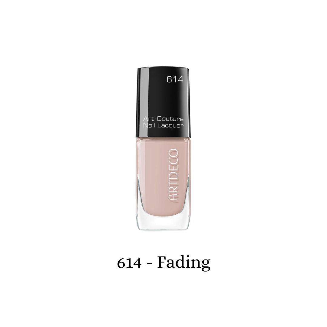 Art Couture Nail Lacquer bottle from ARTDECO with a sleek black and gold design, showcasing vibrant nail polish inside.