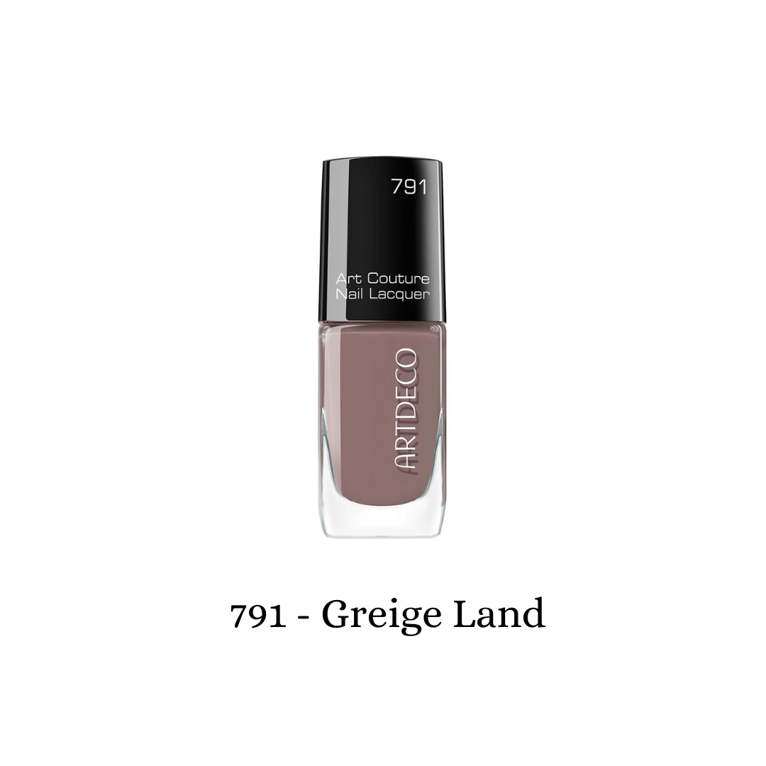 ARTDECO Art Couture Nail Lacquer in greige shade, showing a close-up of the glossy, smooth nail polish bottle and label.