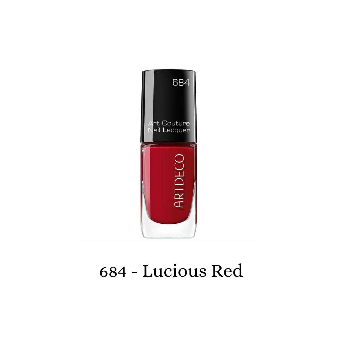 ARTDECO Art Couture Nail Lacquer in Lucious Red, featuring a glossy red nail polish bottle with a sleek design.