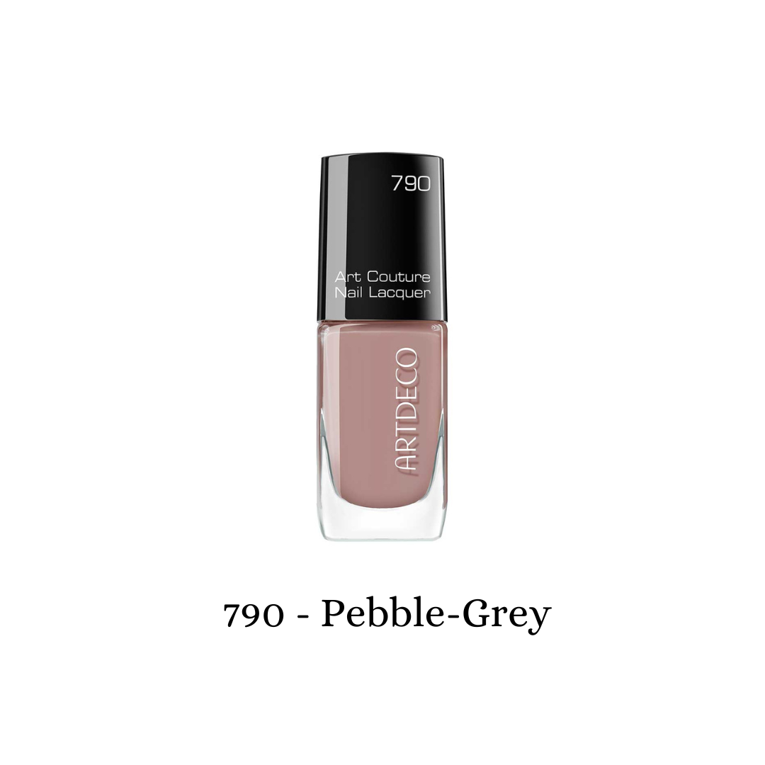 Art Couture Nail Lacquer in Pebble Grey by ARTDECO, showcasing a sleek grey nail polish bottle and brush.