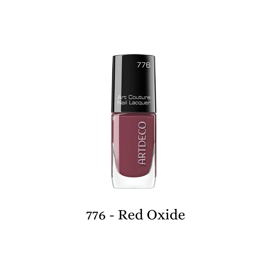 ARTDECO Art Couture Nail Lacquer in Red Oxide, featuring a glossy, vibrant red nail polish on a smooth bottle.