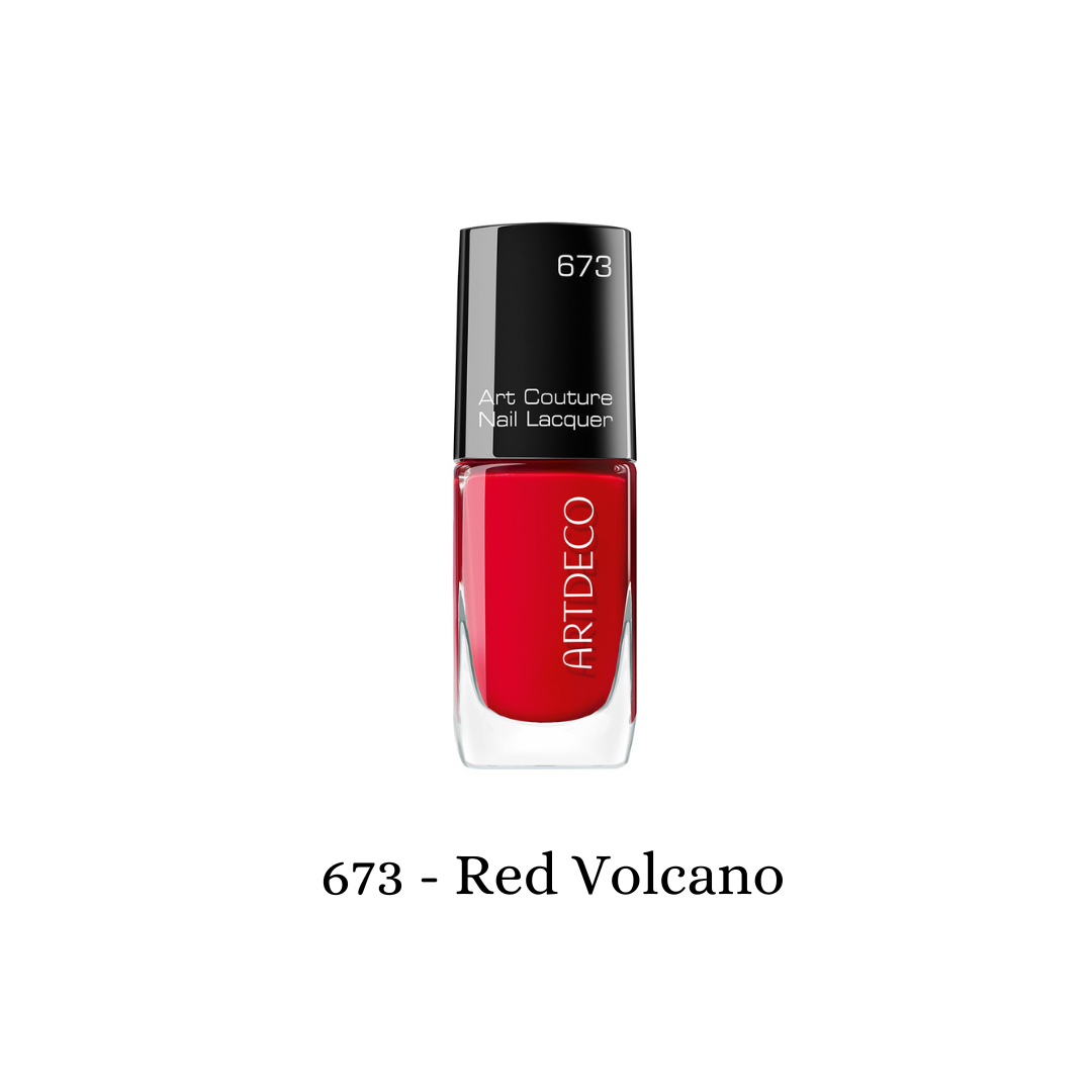 Art Deco Art Couture Nail Lacquer in Red Volcano color, featuring glossy nails painted with vibrant red polish.