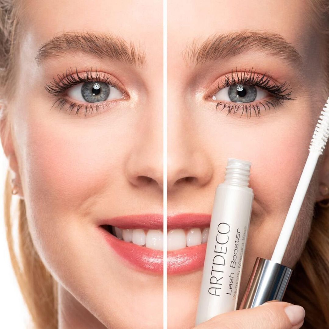 Before and after images of ARTDECO Lash Booster Lash & Brow Serum showing improved lash length and volume.
