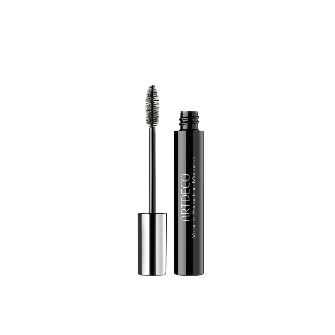 ARTDECO Volume Sensation Mascara with large brush, black formula, creating bold, volumized eyelashes.
