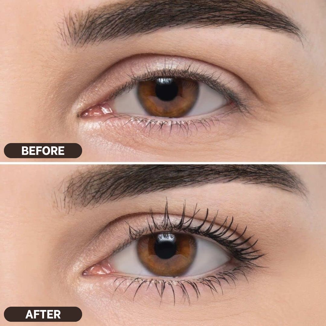 ARTDECO Volume Supreme Mascara showing before and after images of volumized, defined lashes with a sleek black finish.