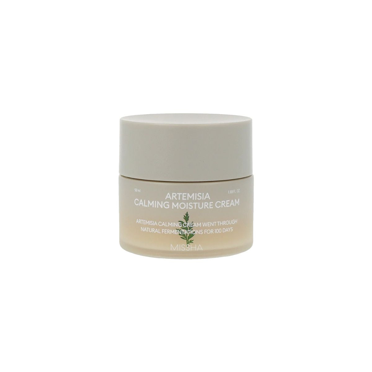 Missha Artemisia Calming Moisture Cream 50ml face moisturizer jar with green herbal packaging and product label.