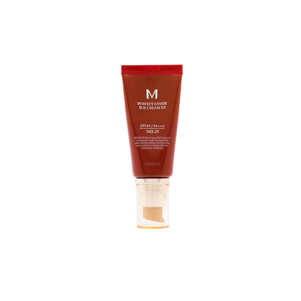 Missha M Perfect Cover BB Cream EX in 50ml, smooth beige BB cream tube with product label and cap.
