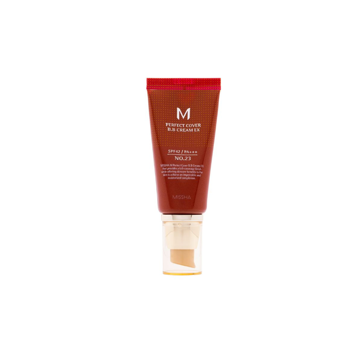 Missha M Perfect Cover BB Cream EX in 50ml bottle, showcasing the smooth, beige-colored cream in a sleek tube.