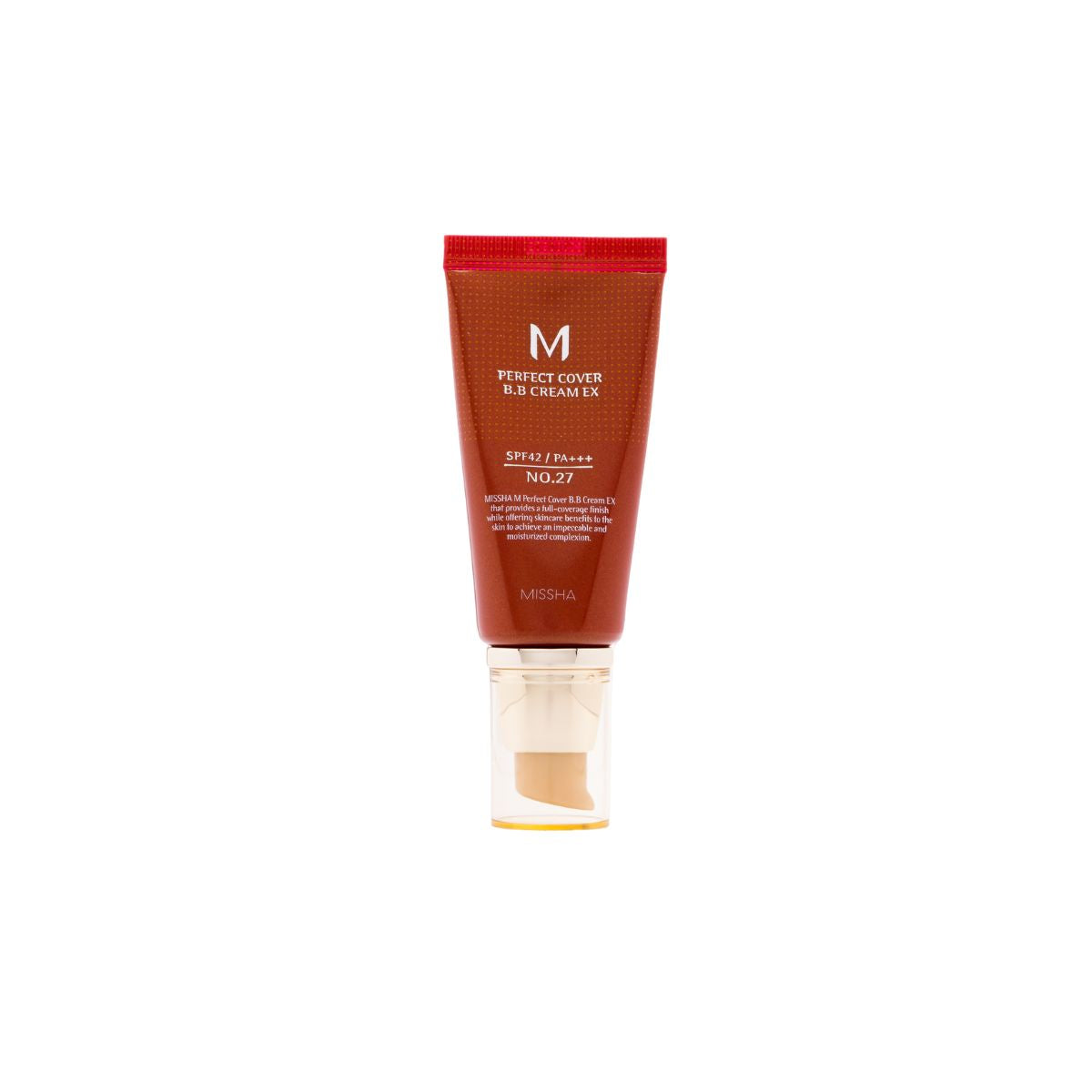 Missha M Perfect Cover BB Cream EX 50ml in a tube, showing smooth, light beige formula with a pump dispenser.