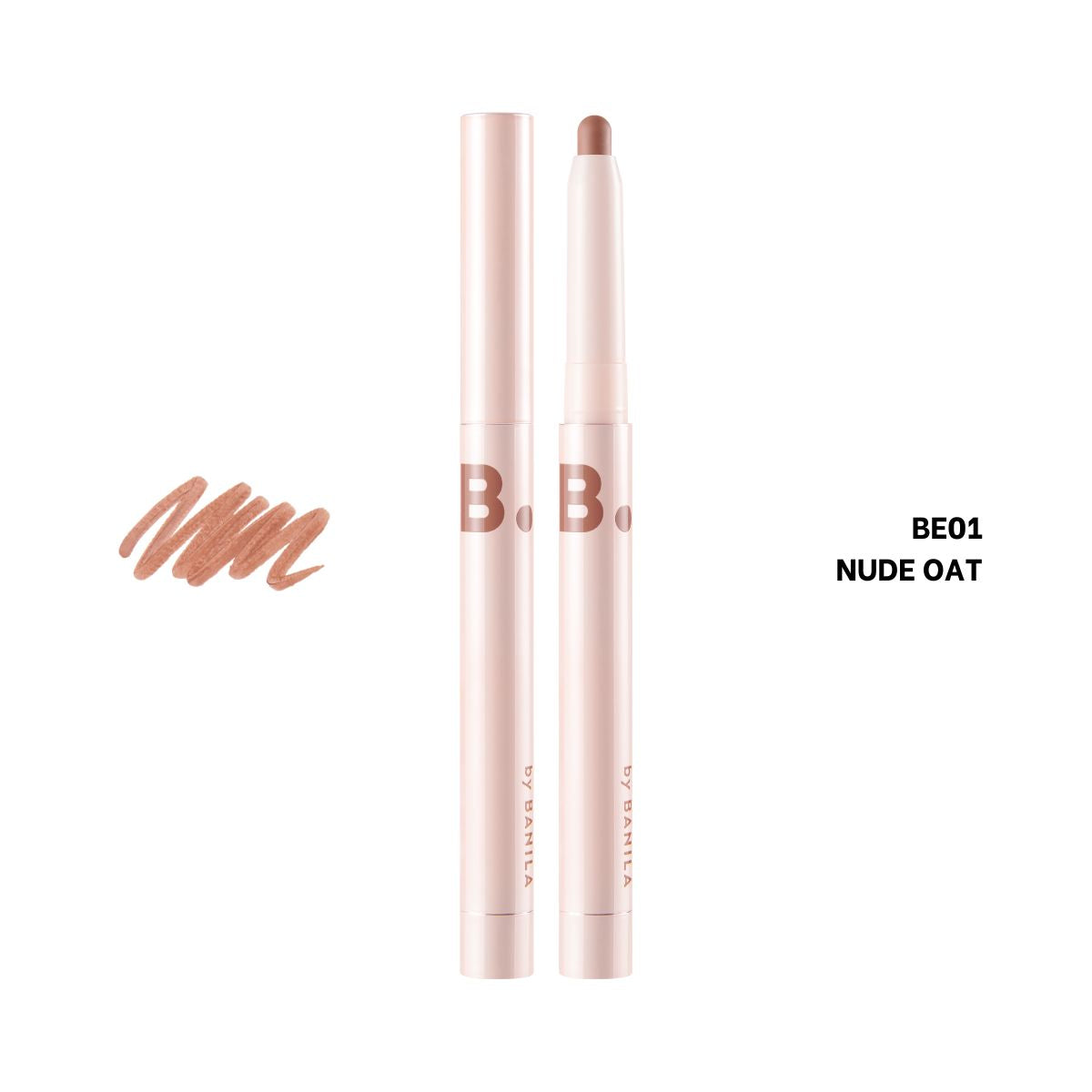 Banila Co B. By Banila Smudging Lip Pencil lip liner in BE01 shade, shown with the pencil and a smudged lip look.