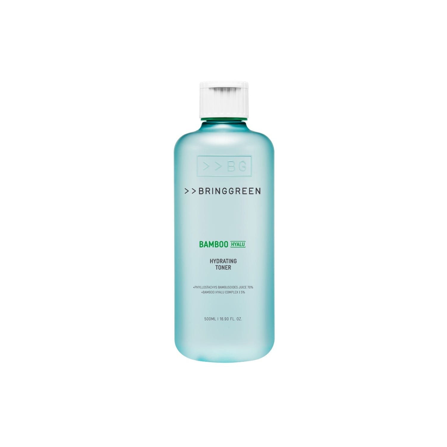 Bring Green Bamboo Hyalu Hydrating Toner bottle, 500ml, with a sleek design and natural bamboo branding.