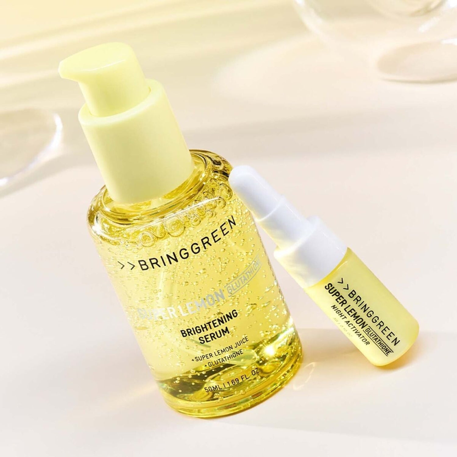 Bring Green Super Lemon Glutathione Brightening Serum Set with 50ml serum and night activator, featuring brightening and skincare benefits.