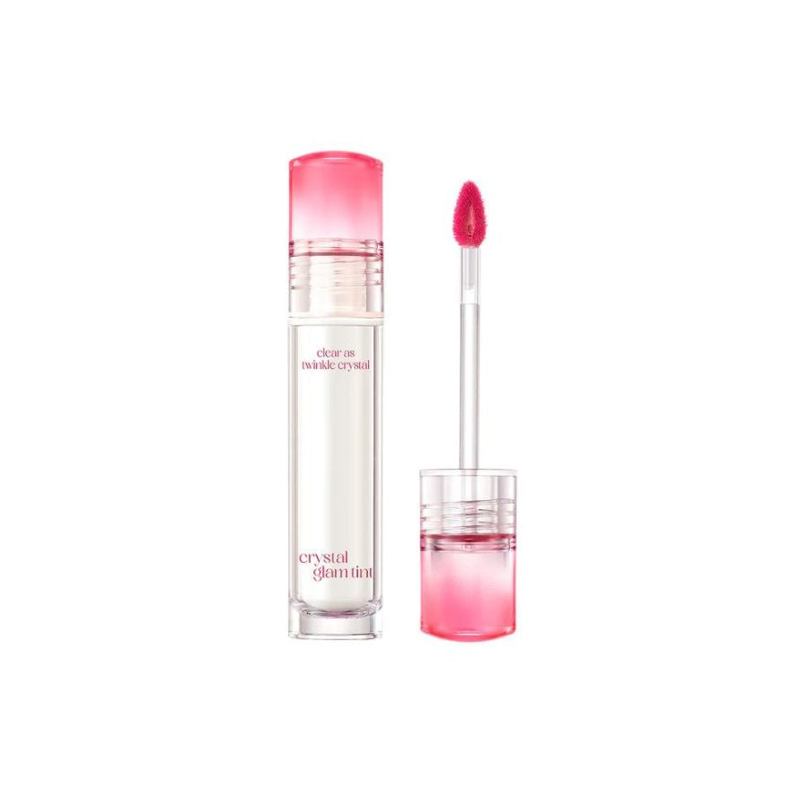 Clio Crystal Glam Tint lip tint applied on lips with a glossy finish, displayed on BabyBerry background for a natural look.