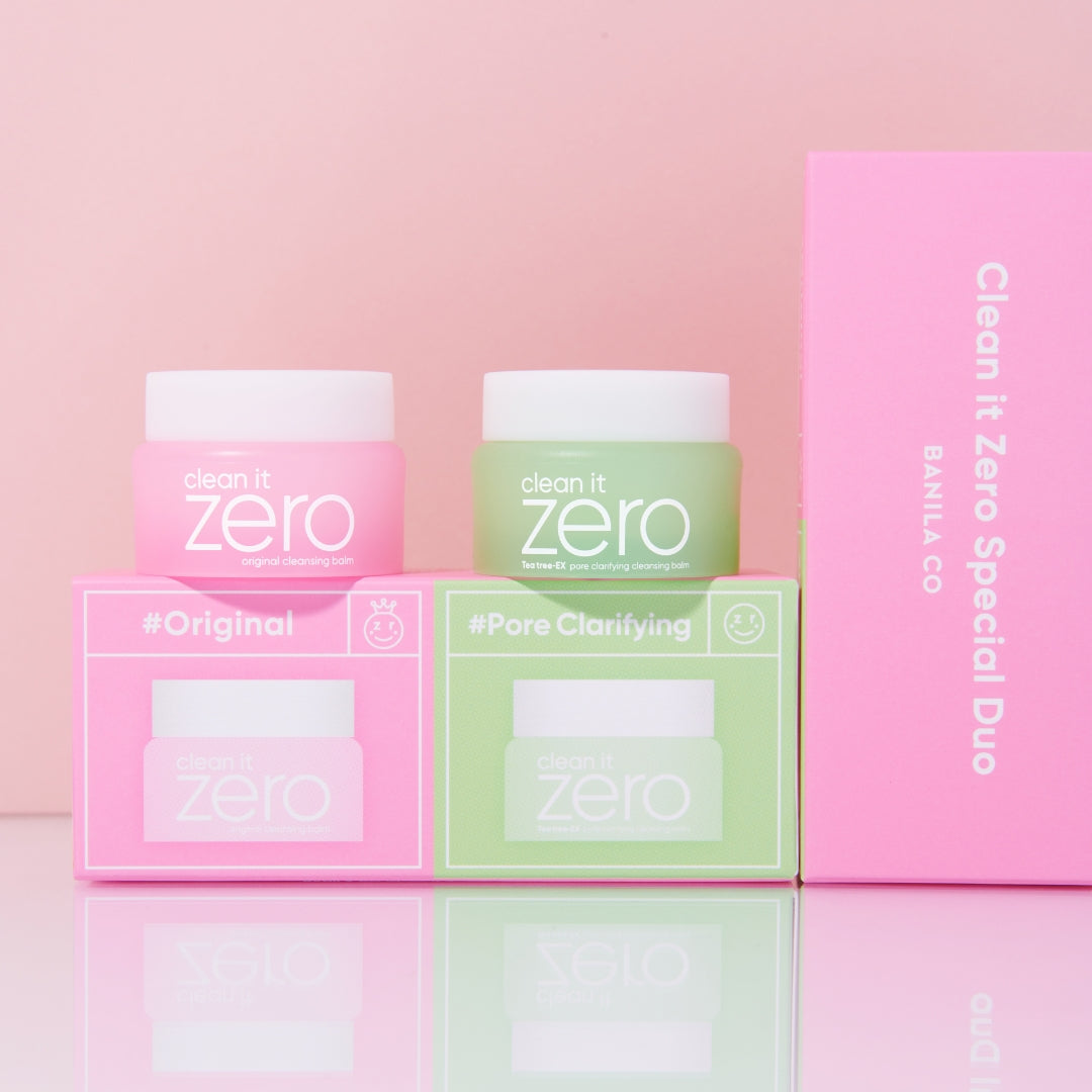 Banila Co Clean It Zero miniature cleansing balm set with two oil and balm cleansers in 7ml sizes, displayed in the image.