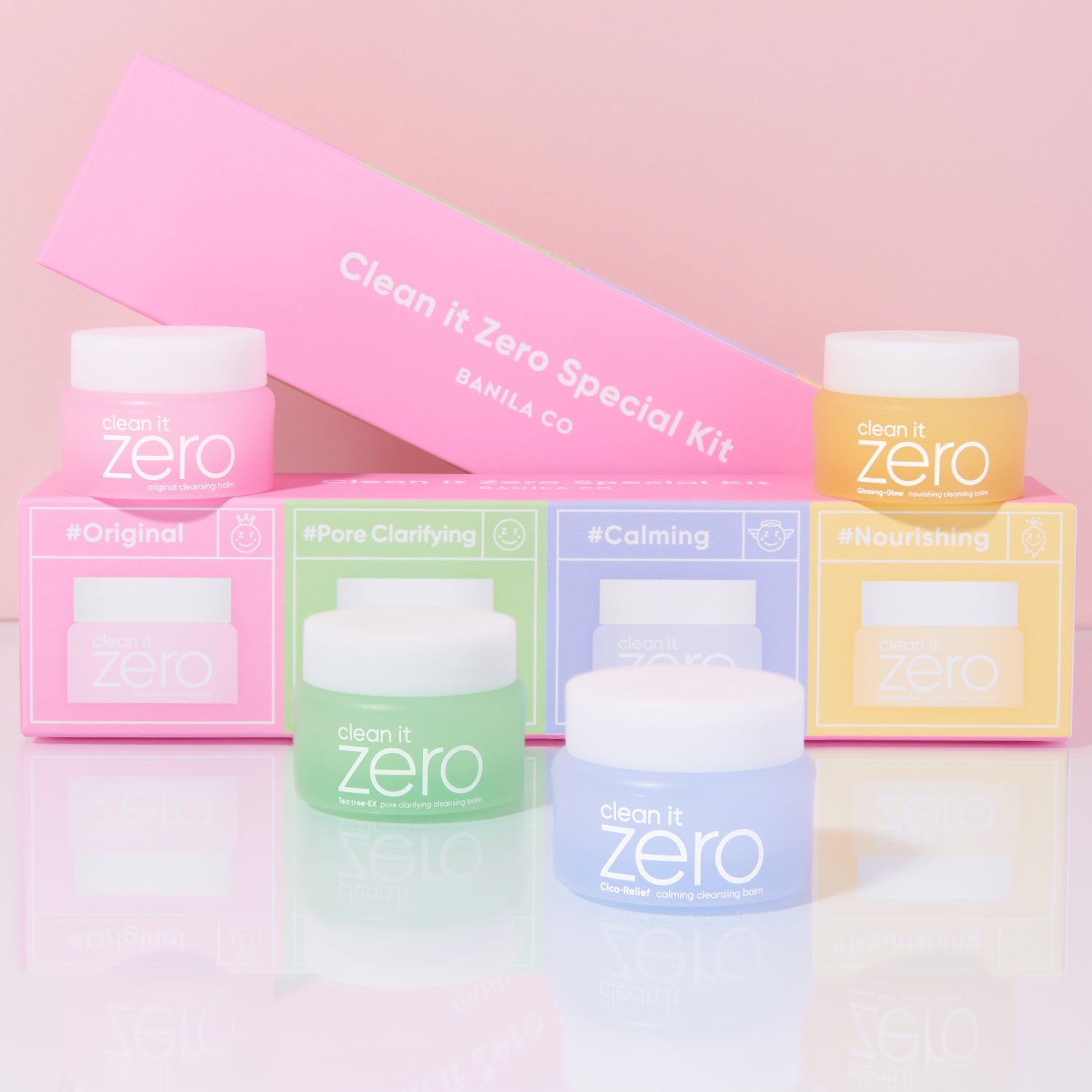 Banila Co Clean It Zero cleansing balm miniature set with oil and balm cleansers in small jars, perfect for skincare routine.