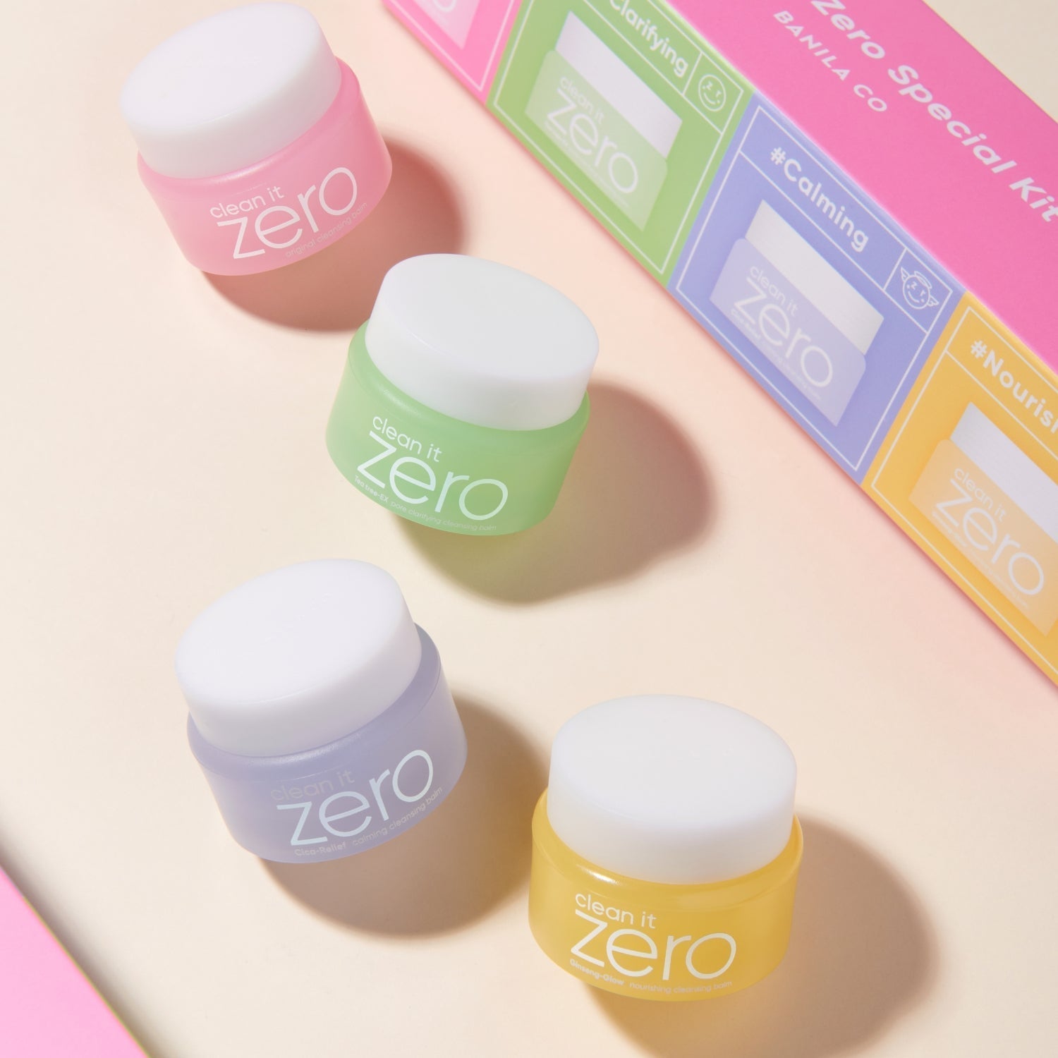 Banila Co Clean It Zero cleansing balm miniature set with four types of oil and balm cleansers in small jars.