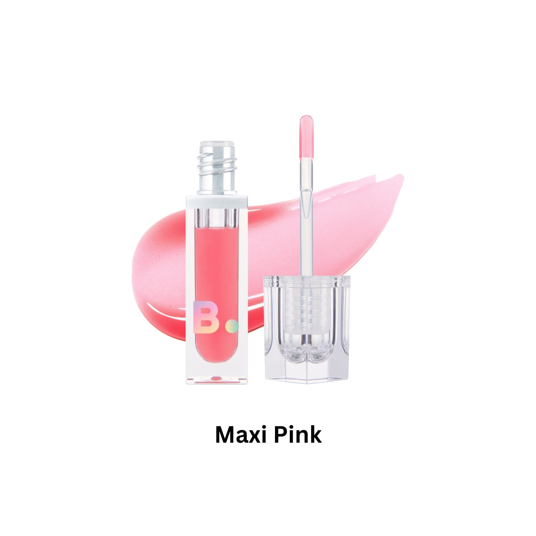 Banila Co B. By Banila Volume Lip Plumper Maxi in pink, showing a sleek lip gloss tube with the product name and branding.