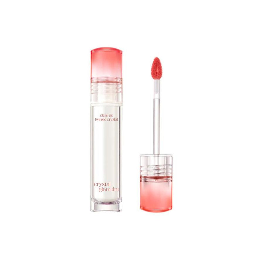 Clio Crystal Glam Tint lip tint in BarePeach shade, showing a close-up of the natural peach-colored lip gloss on lips.