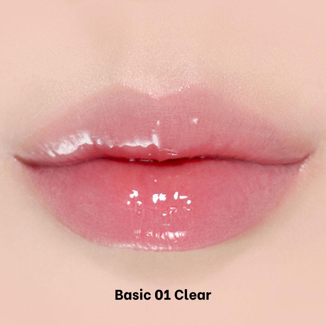 Clear COSNORI Water-full Lip Plumper gloss in a transparent tube, showcasing its glossy, hydrating formula for fuller lips.
