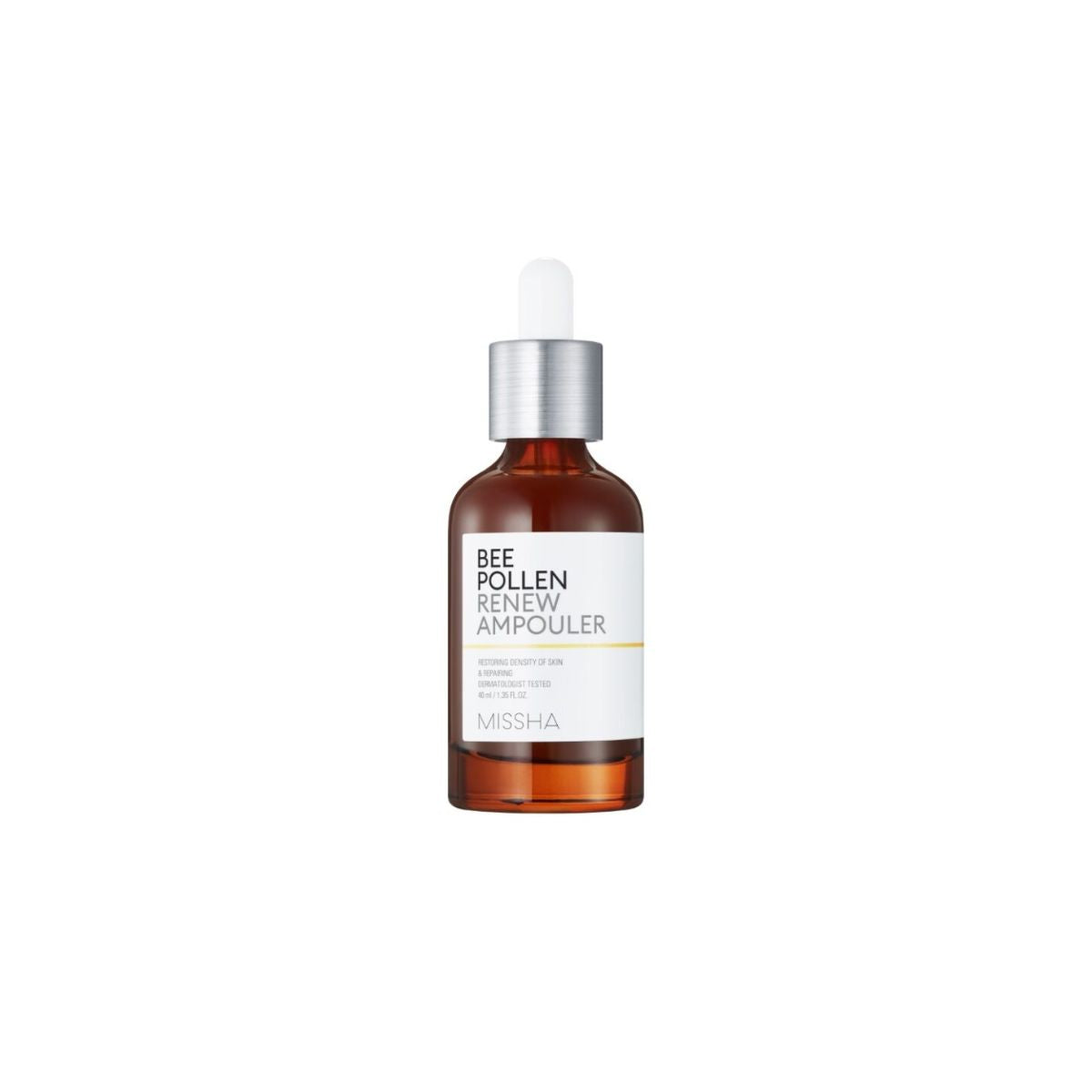 Missha Bee Pollen Renew Ampoule 40ml bottle, skincare product with bee pollen extract in a clear glass ampoule.