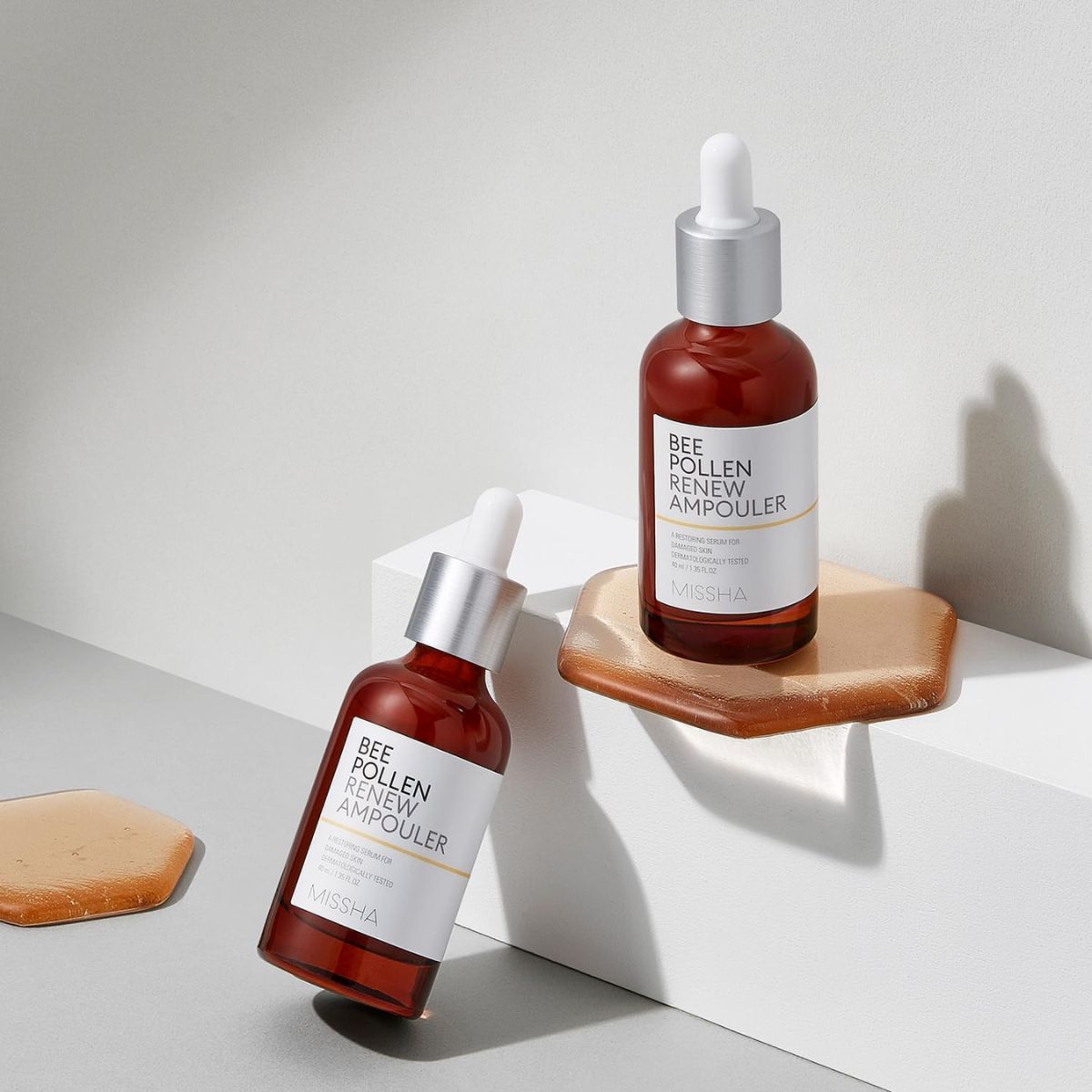 Missha Bee Pollen Renew Ampoule 40ml bottle showing the amber-colored glass container with the product label.