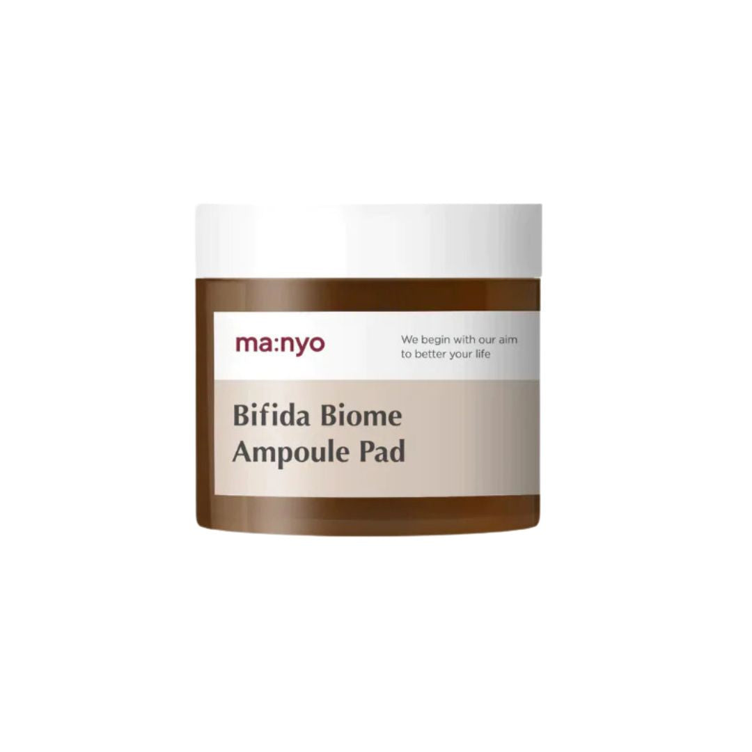 Ma:nyo Bifida Biome Ampoule Pad toner pad with 70 sheets, showing soft, textured pads for skincare application.