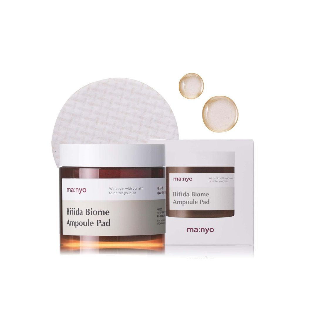 Ma:nyo Bifida Biome Ampoule Pad toner pad with 70 sheets, featuring a soothing, hydrating formula for skincare.