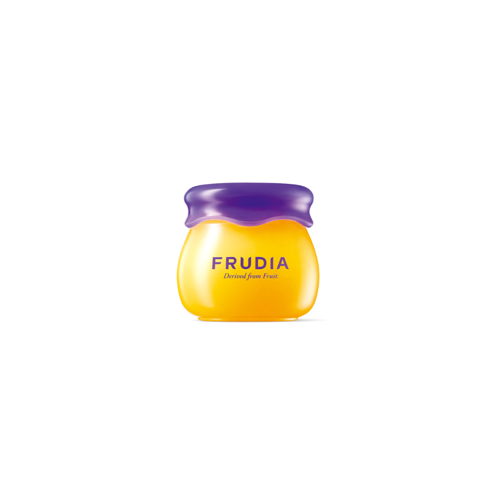 Frudia Blueberry Hydrating Honey Lip Balm in 10ml container showing a smooth, blue-tinted lip balm for moisturizing lips.